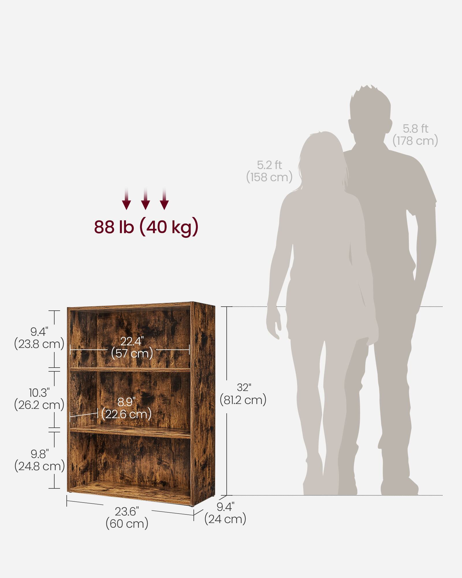 5.8 ft (178 cm)  
5.2 ft (158 cm)  
88 lb (40 kg)  

9.4" (23.8 cm)  
22.4" (57 cm)  
10.3" (26.2 cm)  
8.9" (22.6 cm)  
32" (81.2 cm)  
9.8" (24.8 cm)  
23.6" (60 cm)  
9.4" (24 cm)