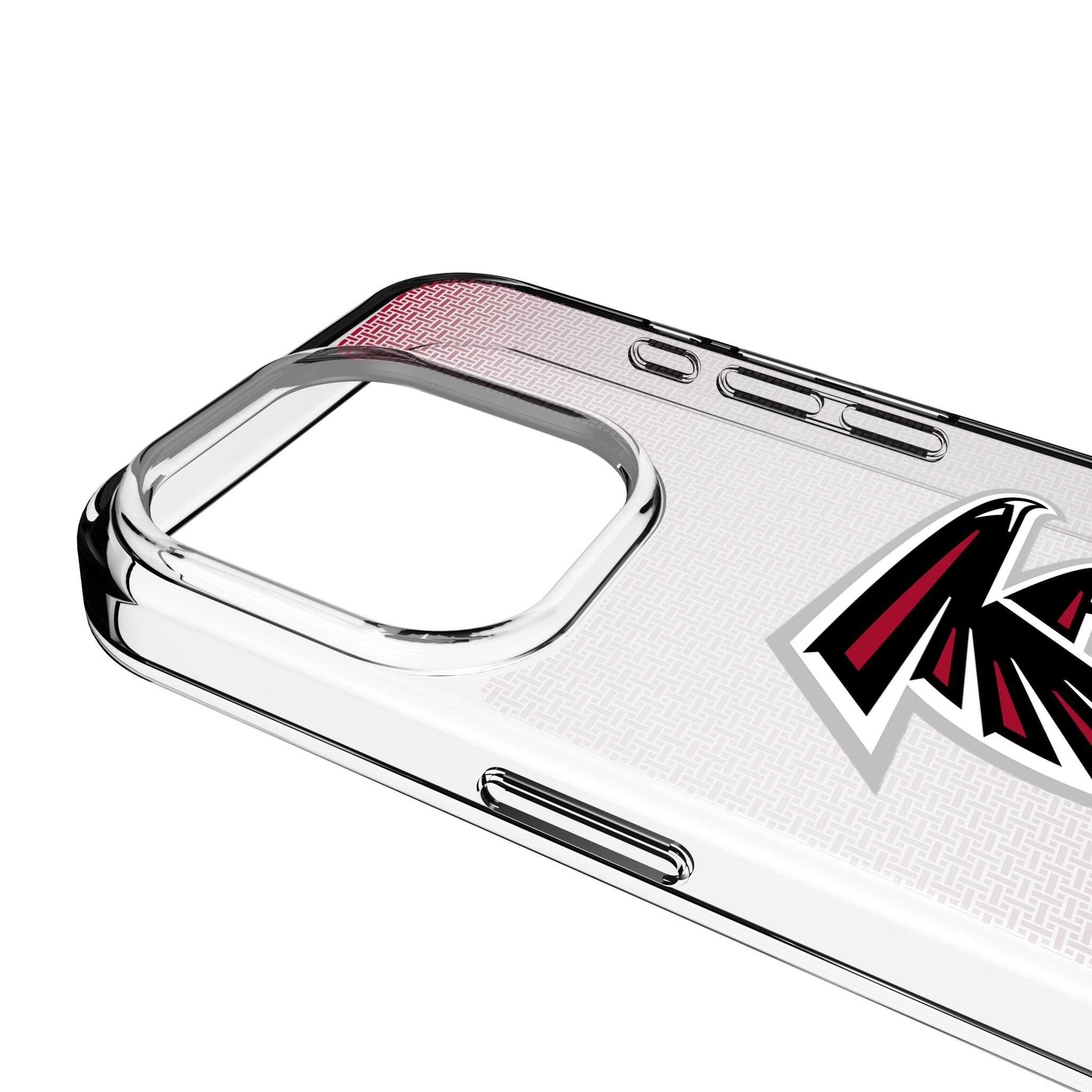 Left. Keyscaper - Atlanta Falcons Linen Logo iPhone Clear Case - 14 Pro - Multicolor.