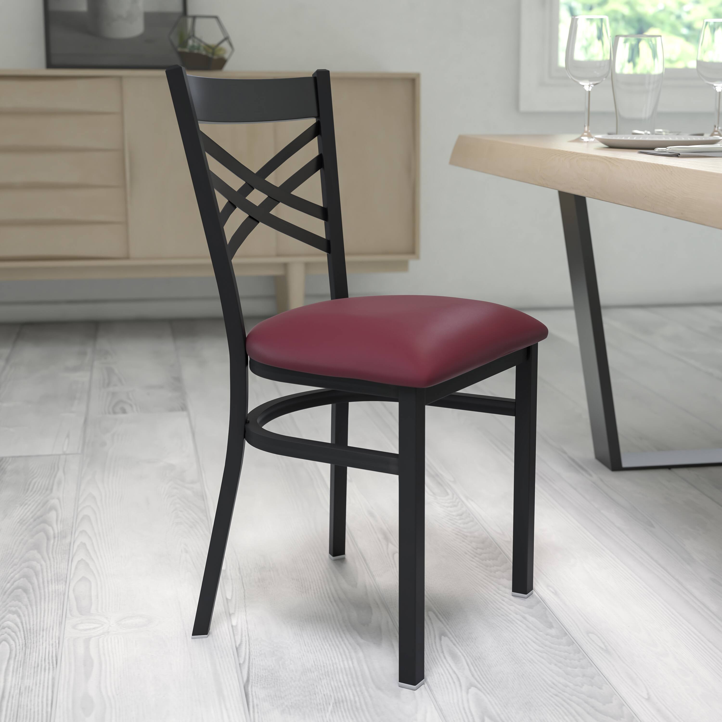 Alt View 1. Emma + Oliver - "X" Back Metal Restaurant Dining Chair - Burgundy Vinyl Seat/Black Metal Frame.