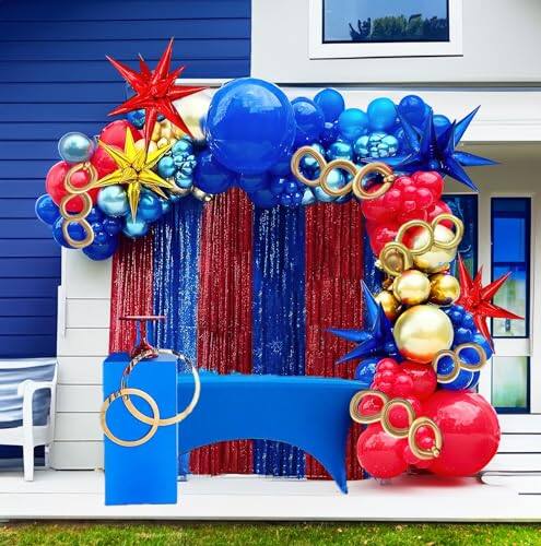 Front. Vulpecula Spade - Kozee Red Blue Gold Balloon garland arch Kit 130 PCS chrome blue with foil Star diy long balloons for kid video game - Red Blue Gold.