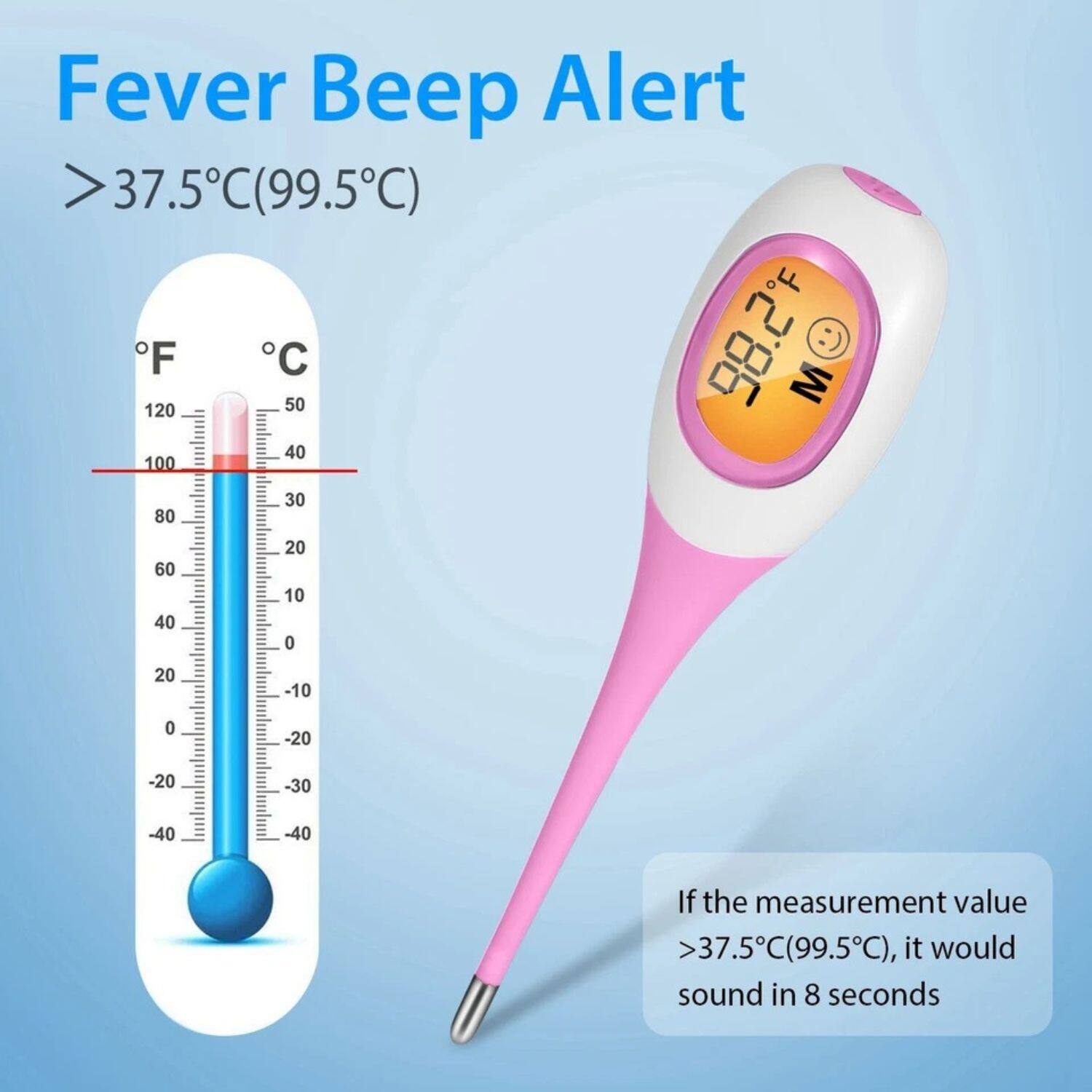 Fever Beep Alert  
> 37.5°C (99.5°F)  

If the measurement value > 37.5°C (99.5°F), it would sound in 8 seconds