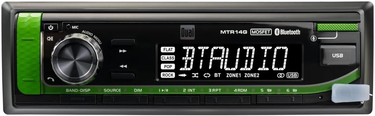 Sure, here is the corrected and grouped text from the image:

---

**Dual MTR14G**

**AUDIO MENU**

- MIC
- FLAT
- CLASS
- POP
- ROCK
- BT
- ZONE1
- ZONE2
- USB

**BAND-DISP** **SOURCE** **DIM** **I/II** **2 INT** **3 RPT** **4RDM** **5** **6**

**MOSFET** **Bluetooth**

**USB**

---

This text is organized based on the layout and labels visible on the car stereo unit.