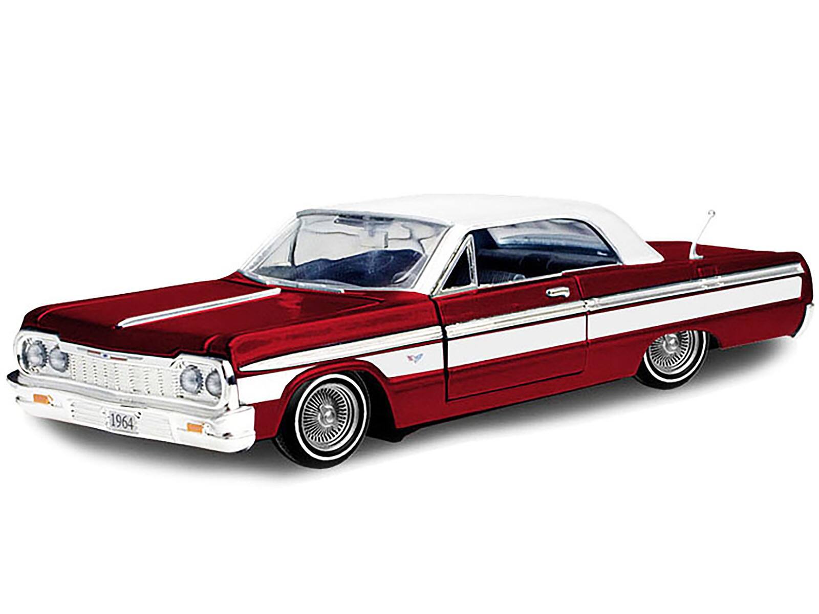 Angle. Motormax - 1964 Chevrolet Impala Lowrider Hard Top Candy Red Metallic with White Top "Get Low" Series 1/24 - Red Metallic with White.