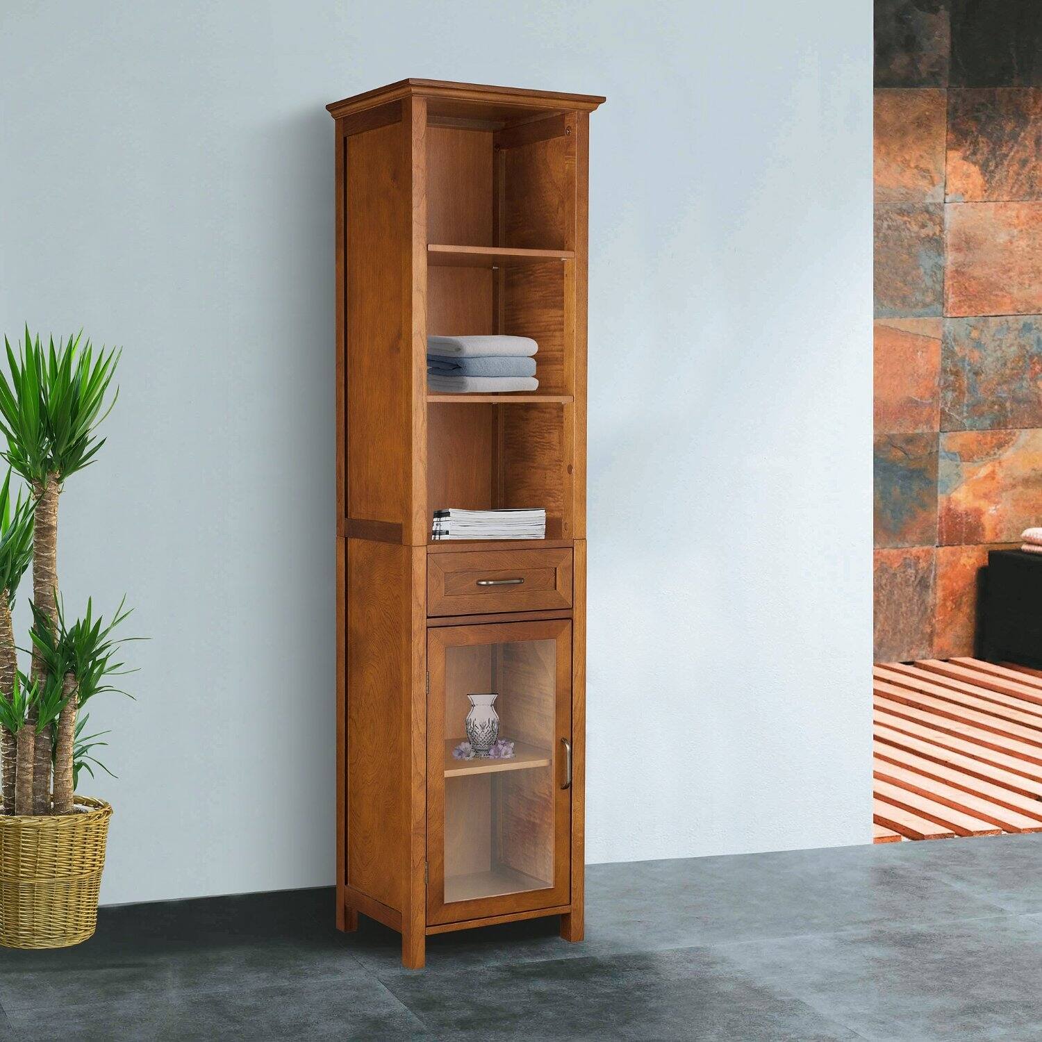 Left. Hivvago - Oak Finish Bathroom Linen Tower Storage Cabinet with Shelves - Brown.