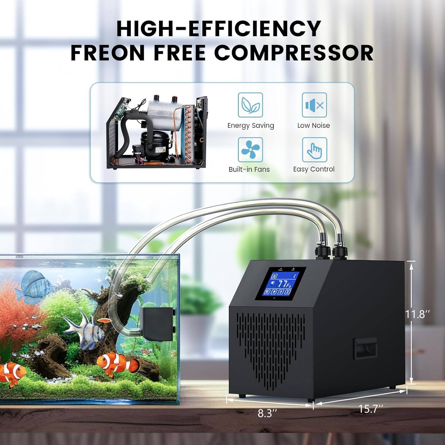 HIGH-EFFICIENCY FREON FREE COMPRESSOR

- Energy Saving
- Low Noise
- Built-in Fans
- Easy Control

Dimensions: 15.7" x 8.3" x 11.8"