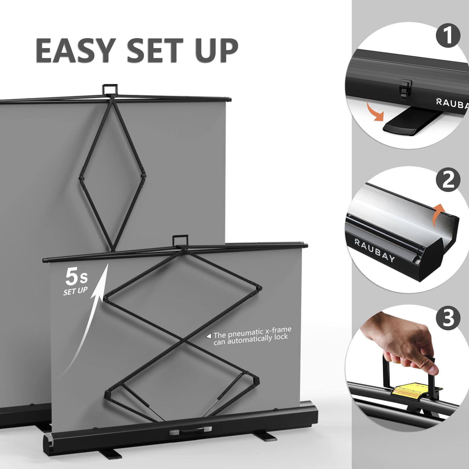 EASY SET UP
1 RAUBAY
2 5s SET UP
pneumatic x-frame The lock can automatically lock
3 RAUBAY