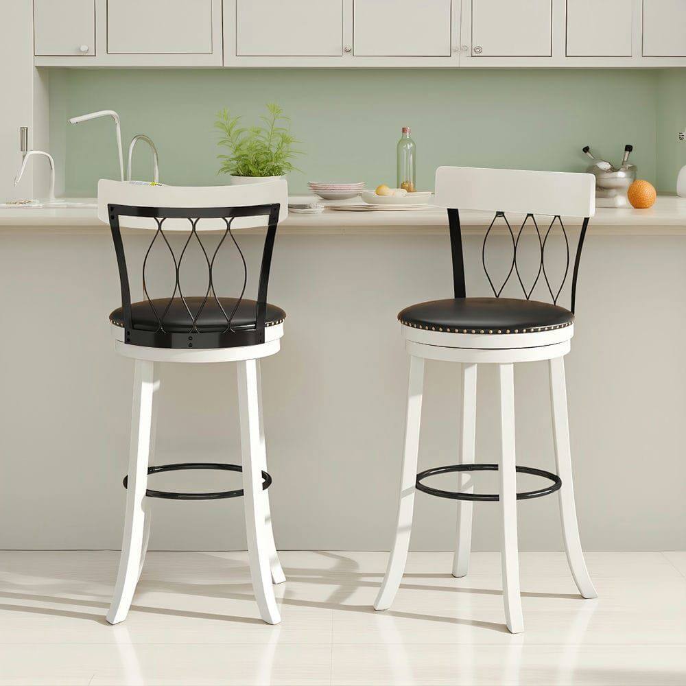 Front. Kadyn - Set of 2 30-Inch Swivel Bar Stools with Footrest, Tufted Rivets and Rubberwood Frame, Black and White - Black.