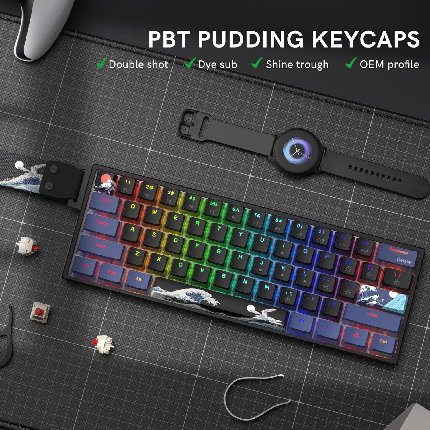 PBT PUDDING KEYCAPS  
Double shot  
Dye sub  
Shine through  
OEM profile  

1! 2@ 3# 4$ 5% 6^ 7& 8* 9( 0)  
Q W E R T Y U I O P  
A S D F G H J K L  
Z X C V B N M  
Backspace Delete  

F1 F2 F3 F4 F5 F6 F7 F8 F9 F10 F11 F12  
Alt Ctrl