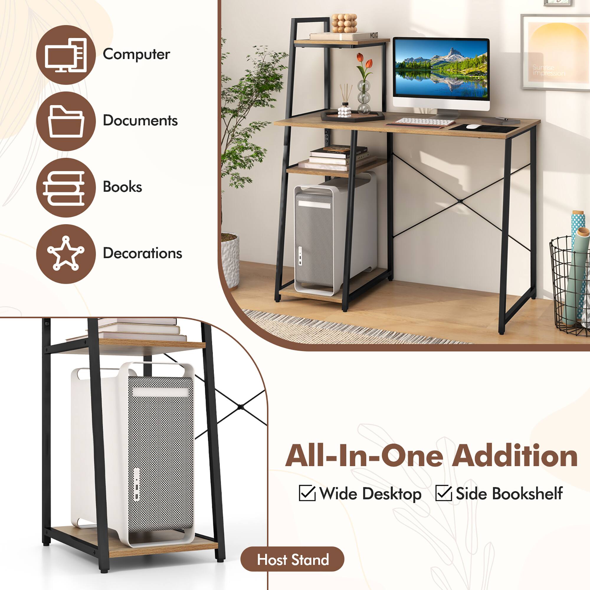 Computer, Documents, Books, Decorations, All-In-One Addition, Wide Desktop, Side Bookshelf, Host Stand