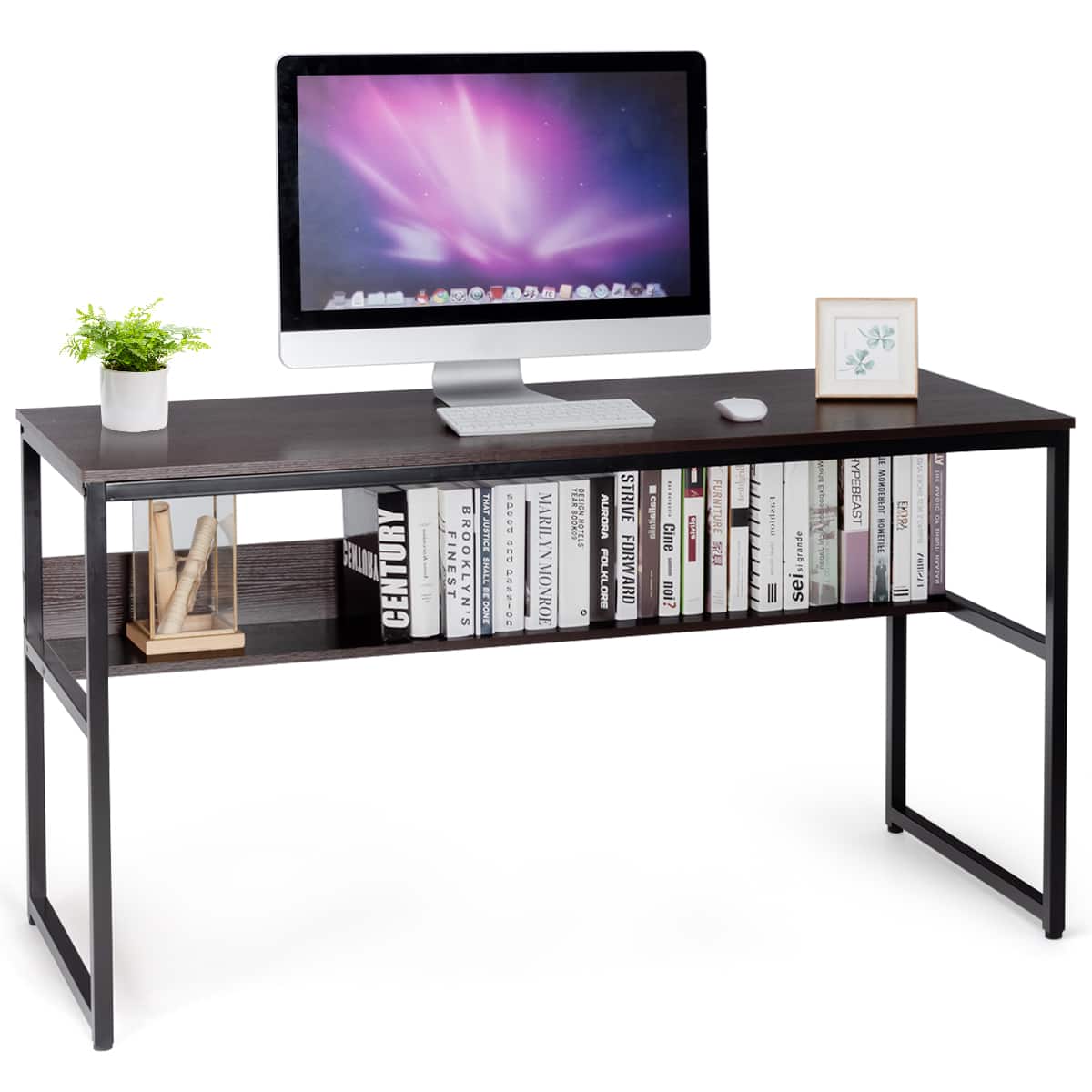 Costway - 55" Industrial Computer Desk w/ Storage Shelf Adjustable Foot Pads Home Office - Coffee