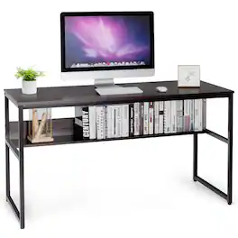 Costway - 55" Industrial Computer Desk w/ Storage Shelf Adjustable Foot Pads Home Office - Coffee