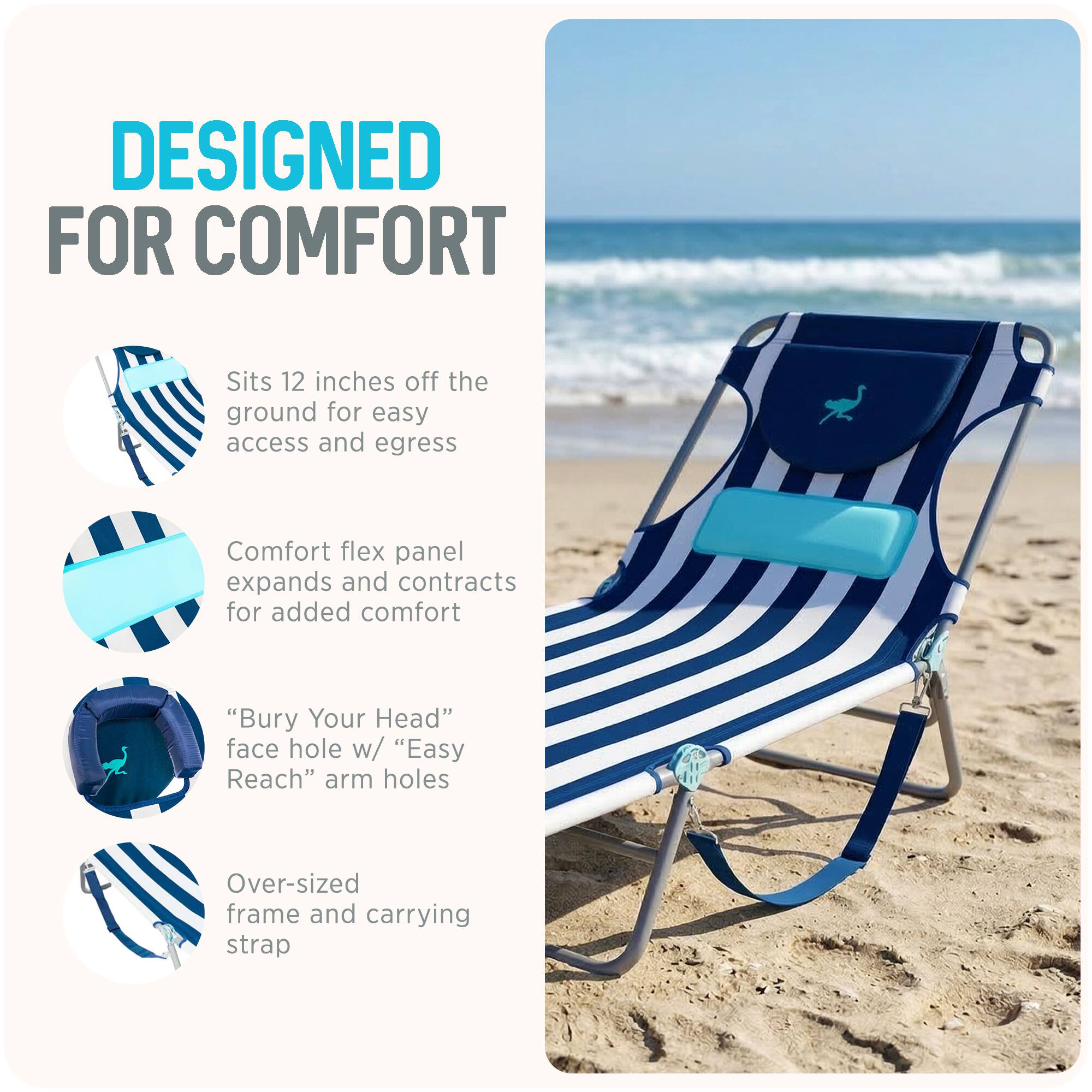 DESIGNED FOR COMFORT

- Sits 12 inches off the ground for easy access and egress
- Comfort flex panel expands and contracts for added comfort
- "Bury Your Head" face hole w/ "Easy Reach" arm holes
- Over-sized frame and carrying strap