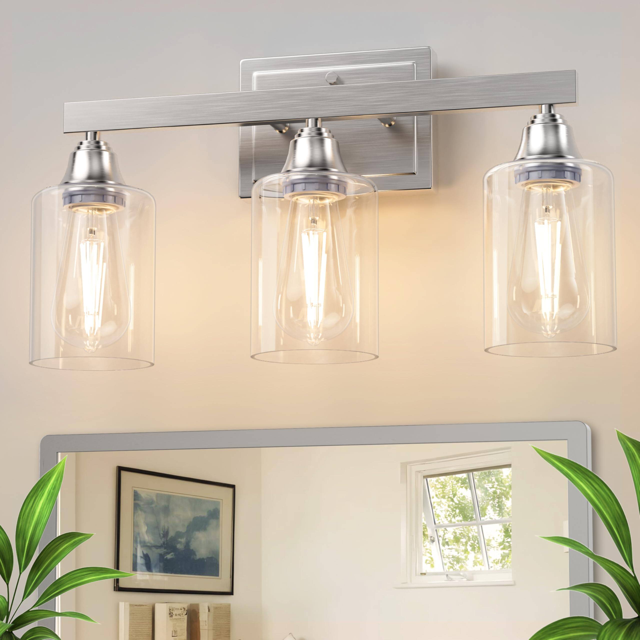 Cedar Assembly - Brushed Nickel Bathroom Light Fixtures Vanity Over Mirror Modern Lights For Bathrooms With Clear Glass Shades - Nickel 3-Light