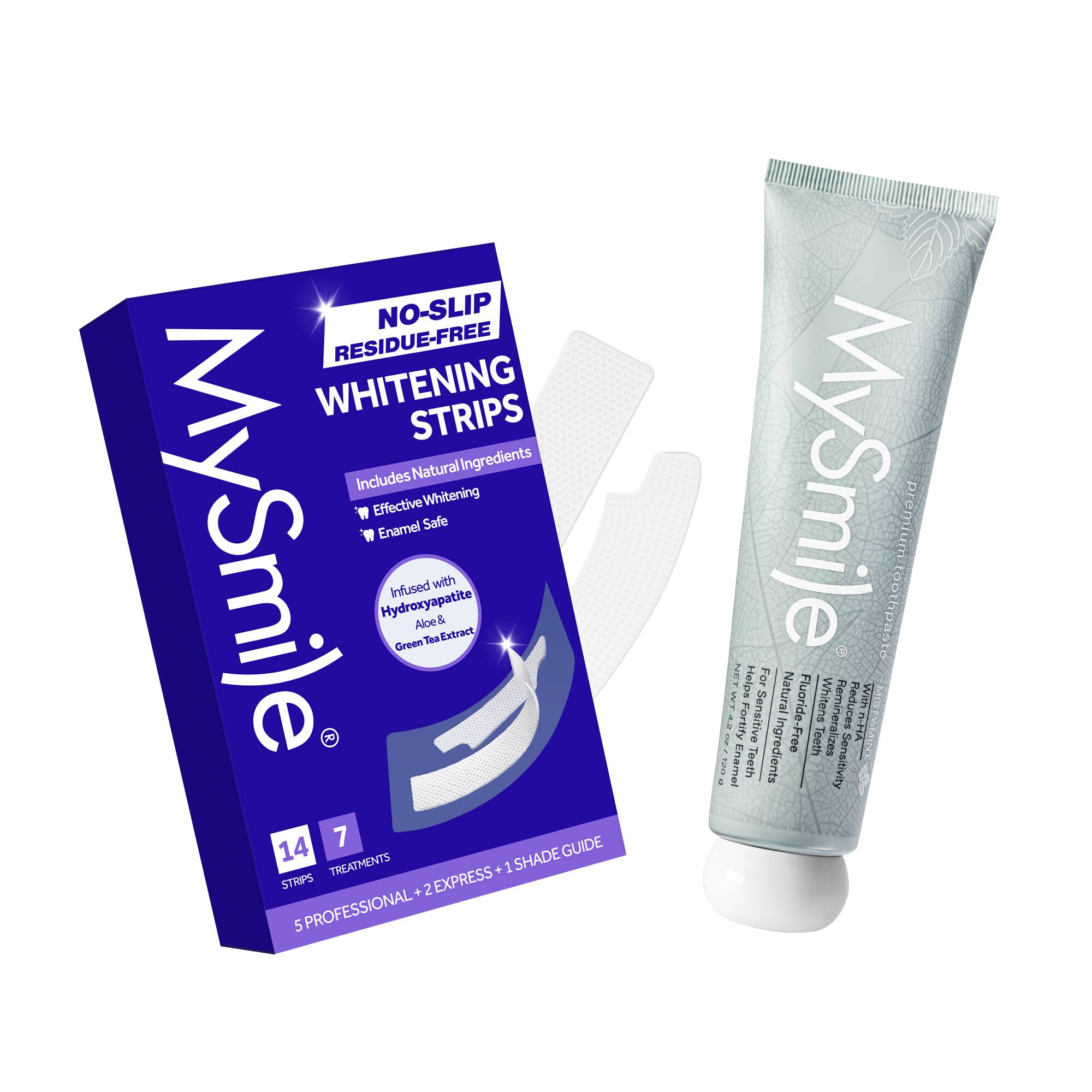 NO-SLIP RESIDUE-FREE WHITENING STRIPS  
Natural Ingredients  
Includes Effective Whitening  
Enamel Safe  
MySmile Hydroxyapatite Infused Green Alce & Tea Extract  
7 GUIDE  
14 SHADE TREATMENTS + 1 STRIPS  
2 EXPRESS  
5 PROFESSIONAL  
MySmile Toothpaste  
Natural Fluoride-Free  
Whitens Remineralizes  
Reduces Sensitivity  
Fortify Sensitive Teeth  
Enamel Safe  
Reduces Sensitivity  
Ingredients