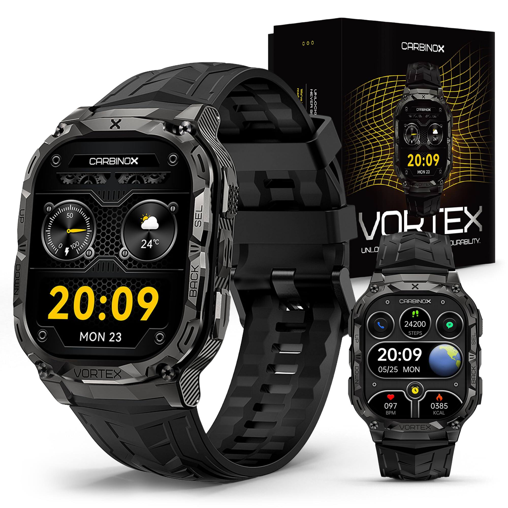 Carbinox - Vortex Rugged Smart Watch for Men, Fitness Tracker with Bluetooth Calls, 1.96 in AMOLED, 15-Day Battery - Black - (2023)