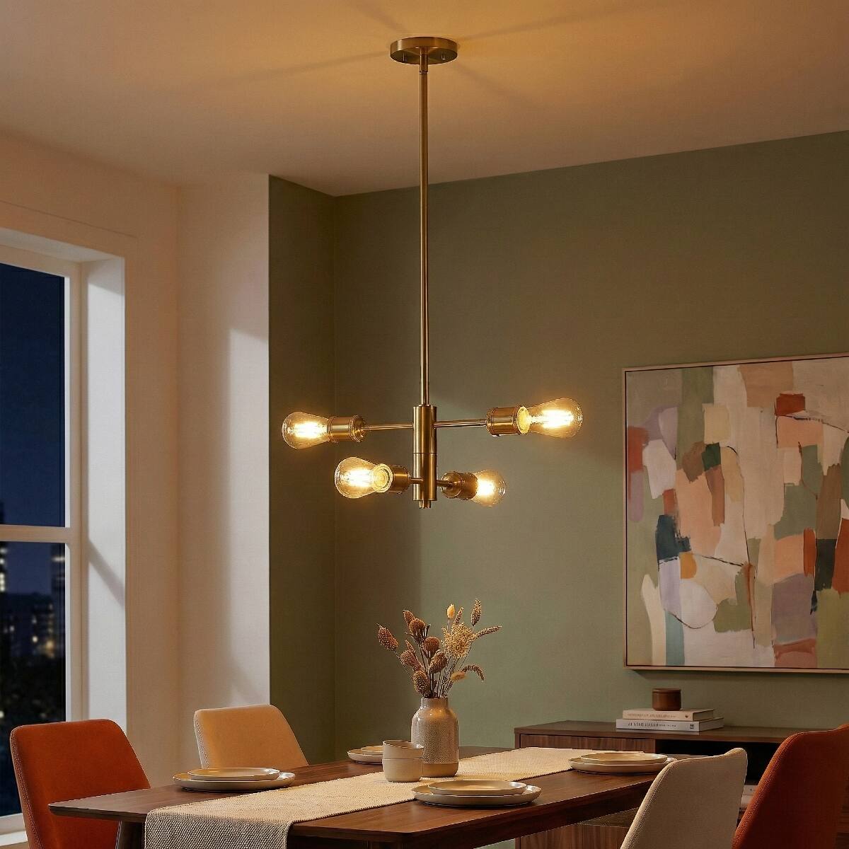 Front. Loheer - Loheer Four Light Gold Chandelier, Modern Brass and Clear Glass Pendant for Dining Room.
