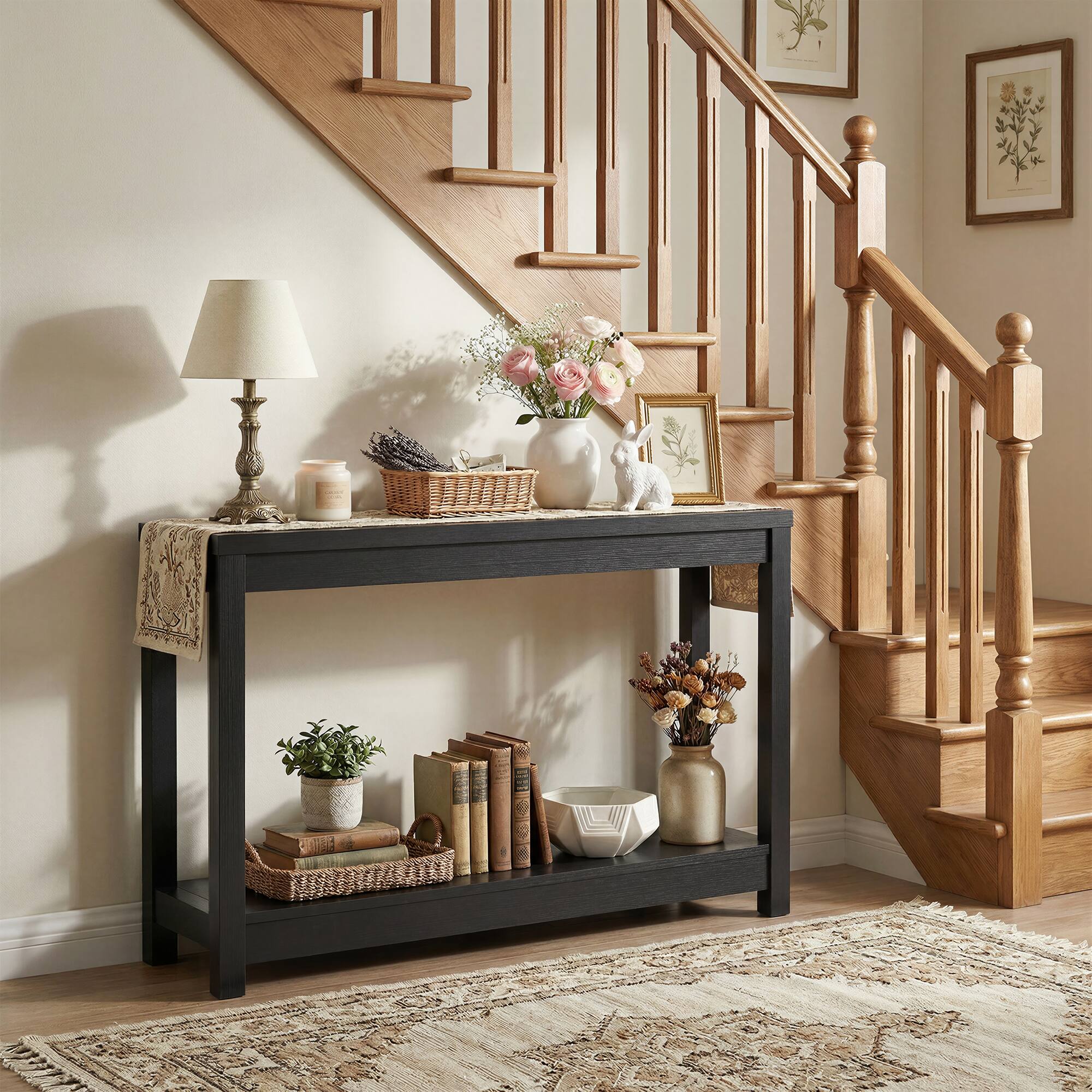 Alt View 1. Aheaplus - 47" Farmhouse Wood Entryway Table: Narrow Console with Open Storage Shelves for Behind Couch, Easy Assembly - Black.