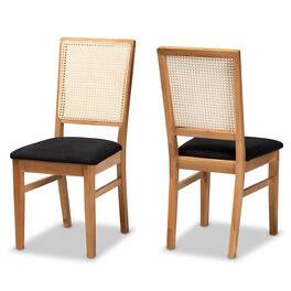 Baxton Studio - Idris Mid-Century Modern Fabric Upholstered and Oak Finished 2-Piece Rattan Dining Chair Set - Black/Oak Brown