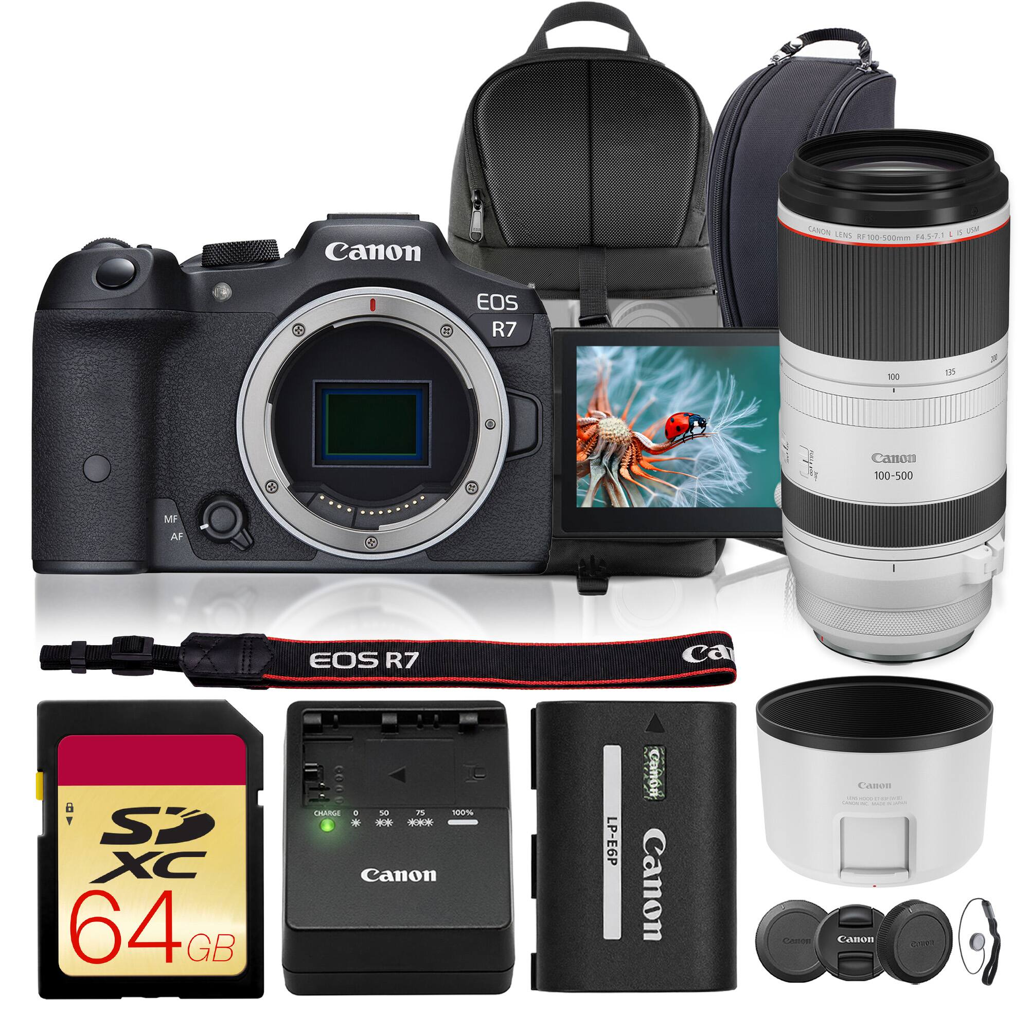 Canon  
CANON LENS 1 6 250 RF100-500mm F4.5-7.1  
EOS R7  
100  
185  
-  
Canon 100-500  
EOS R7  
ca  
S XC 64GB  
CHARGE 0 50 75 100% * ** ** Canon  
LP-E6P  
Canon Canon  
Canon  
Canon VERS/HOOD me/o CARDS MC - Canon FROMS