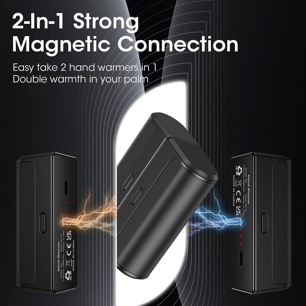 2-In-1 Strong Magnetic Connection

Easy take 2 hand warmers in 1  
Double warmth in your palm