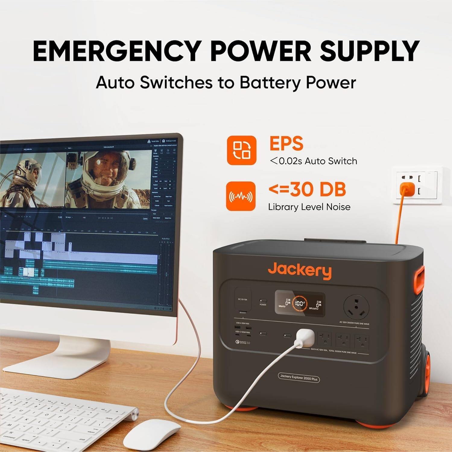 Emergency Power Supply Auto Switches to Battery Power 69 EPS 0.02s Auto Switch =30 DB Library Level Noise [Jackery 2.0 100 24 D* mUal - - Jackery Eghr 2000 Pa - . - of 4 - 2  a 29 e 2 - -