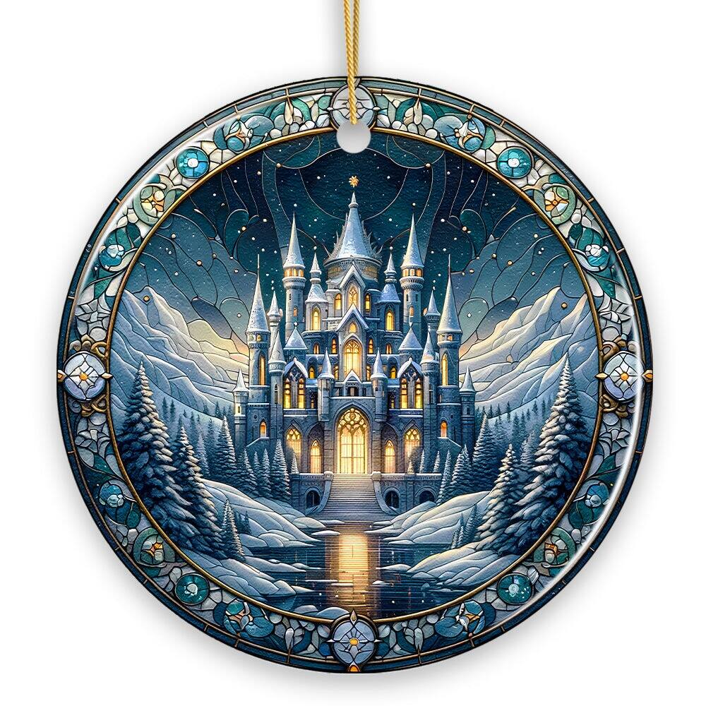 OrnamentallyYou - Stunning Castle Stained Glass Style Ceramic Ornament Christmas Gift and Decor - Multi-colored