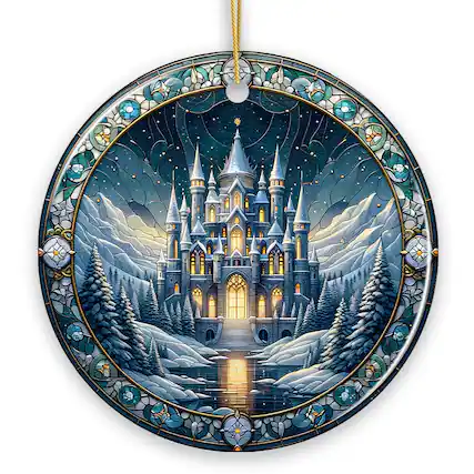 Front. OrnamentallyYou - Stunning Castle Stained Glass Style Ceramic Ornament Christmas Gift and Decor - Multi-colored.