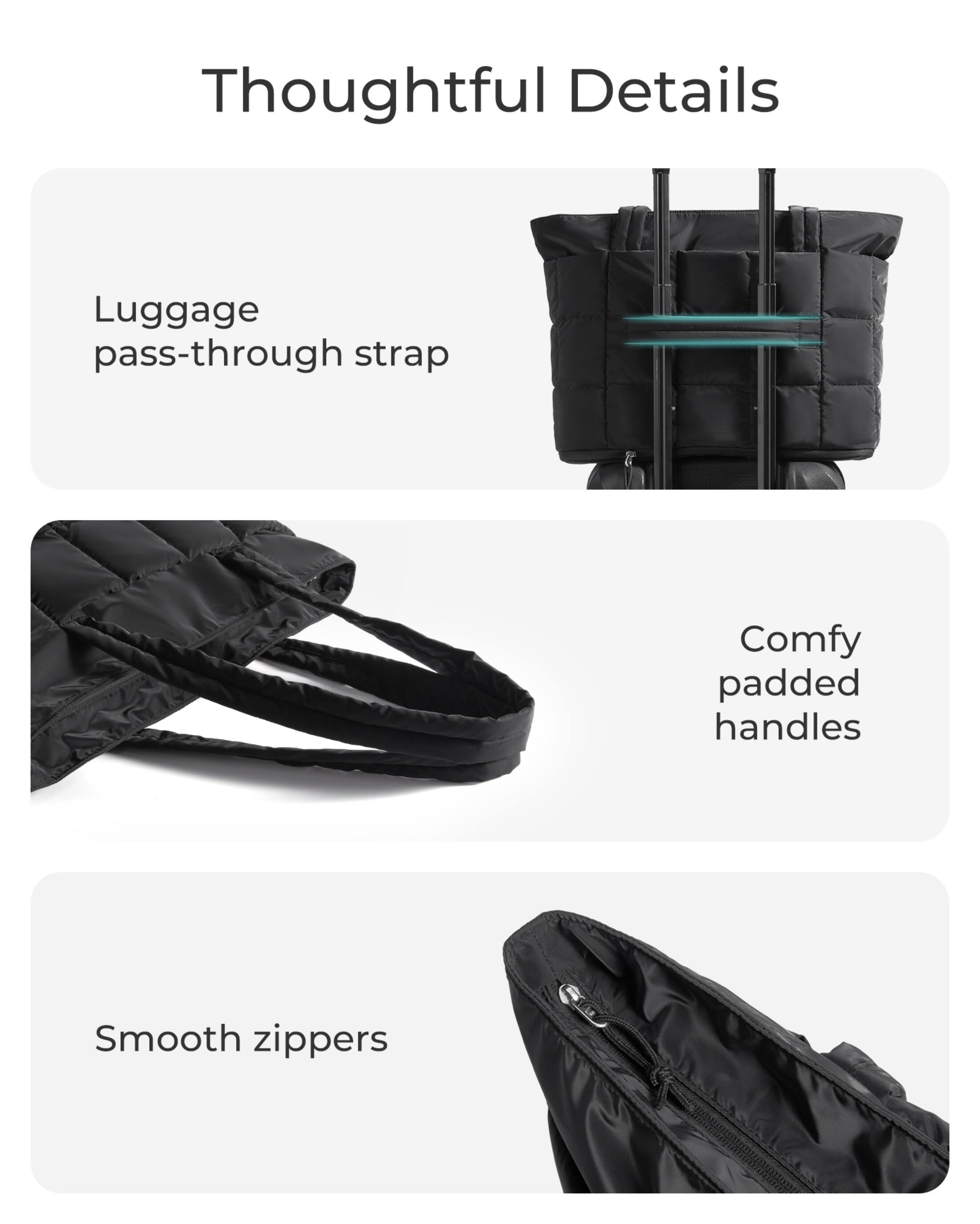 Thoughtful Details

- Luggage pass-through strap
- Comfy padded handles
- Smooth zippers