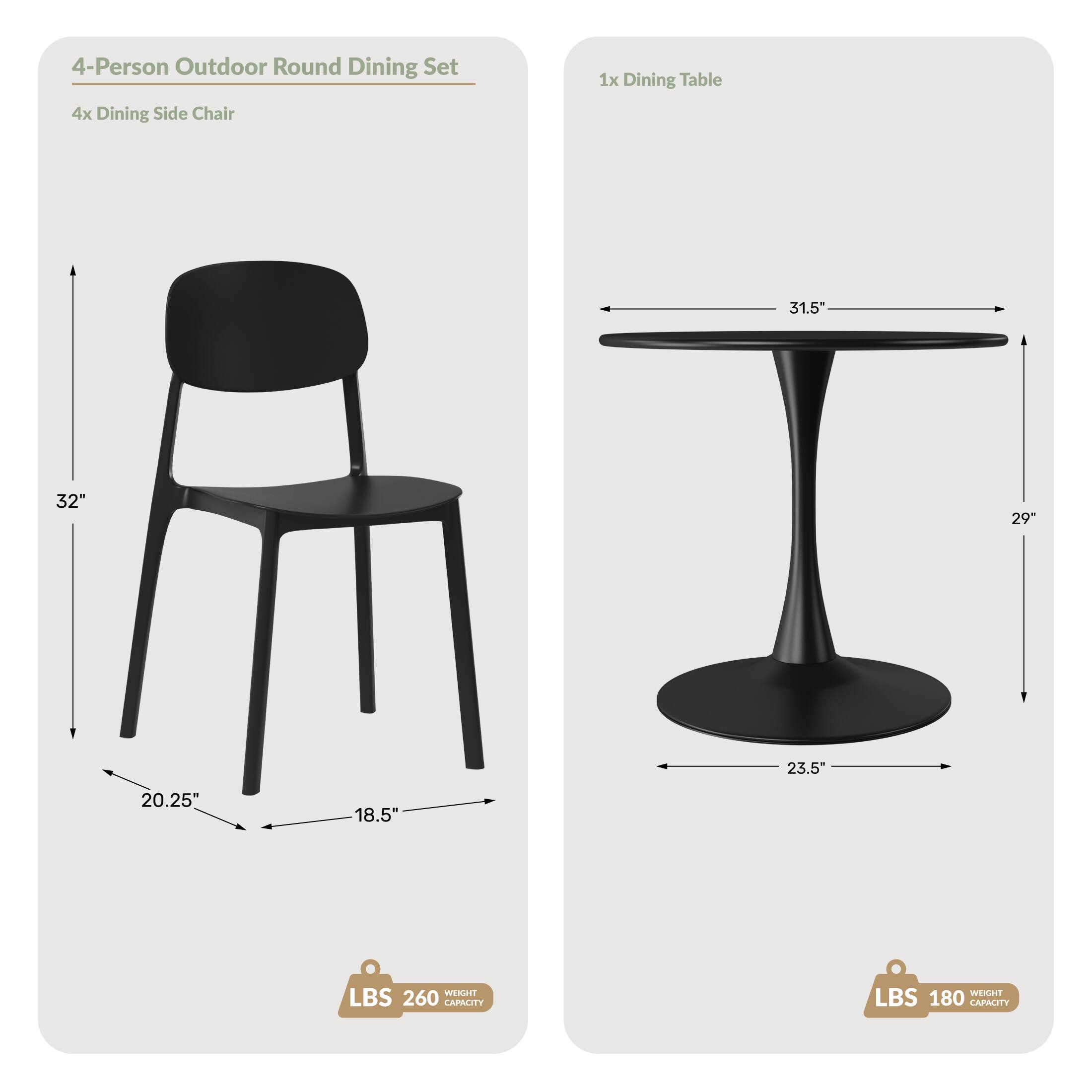 4-Person Outdoor Round Dining Set  
4x Dining Side Chair  
1x Dining Table  

Dimensions:  
- Chair: 32" H, 20.25" W, 18.5" D  
- Table: 31.5" W, 23.5" D, 29" H  

Capacity:  
- Chair: 260 LBS  
- Table: 180 LBS