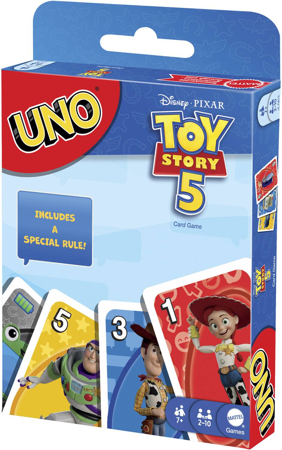 C Chr TOI AE2O fiyririd MATTEL Disney PIXAR 2-10 JLNO3 UNO TOY STORY 5 INCLUDES Card Game A SPECIAL RULE! Game: YOT HOTel Card en 5 1 3 SPICE LIGHTEA UO 7+ EMATTEL 2-10 Games