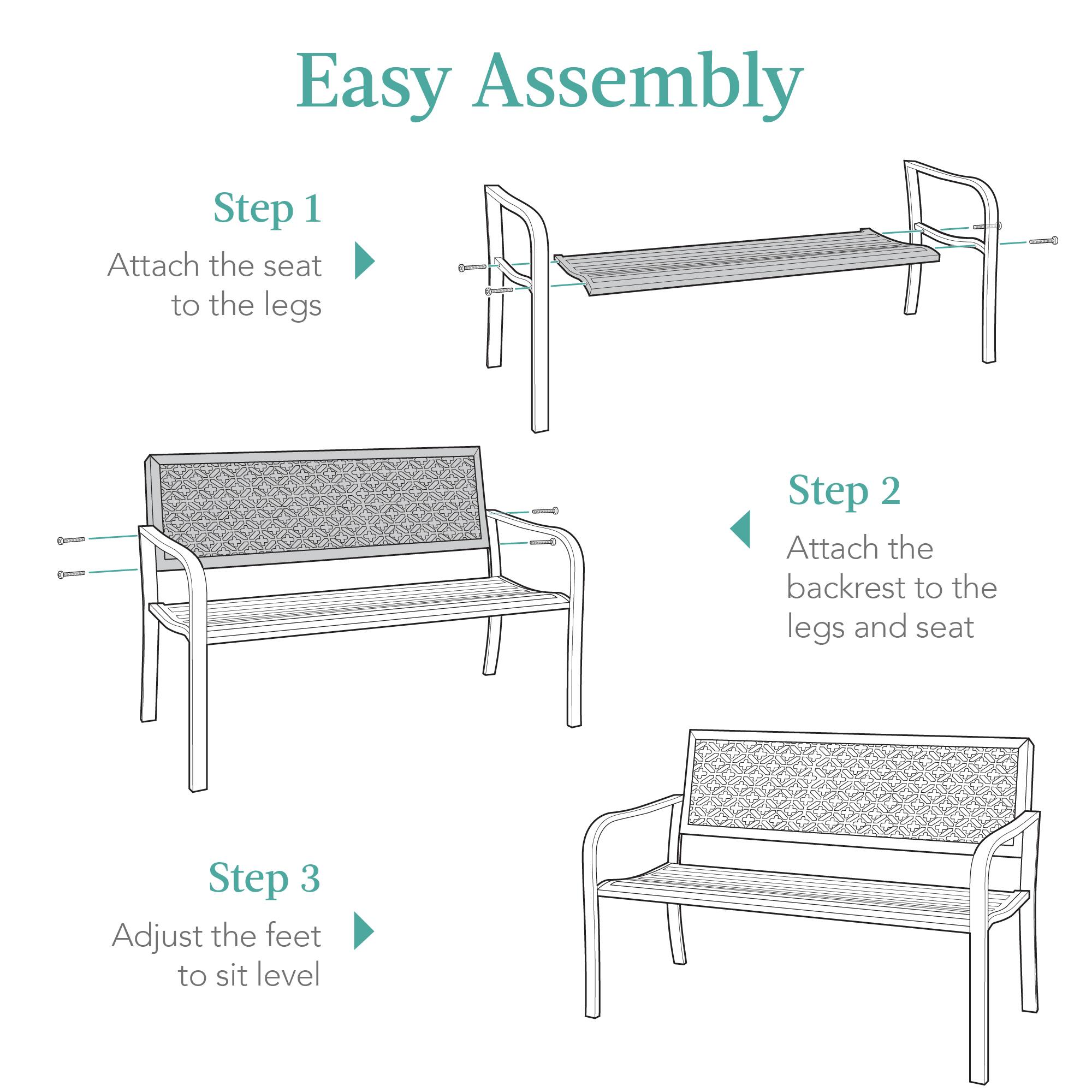 Easy Assembly

Step 1  
Attach the seat to the legs

Step 2  
Attach the backrest to the legs and seat

Step 3  
Adjust the feet to sit level