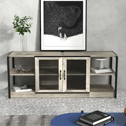 Front. Acekool - 63" Farmhouse Style TV Console Table, TV Stand with Shelves, Grey - Grey.