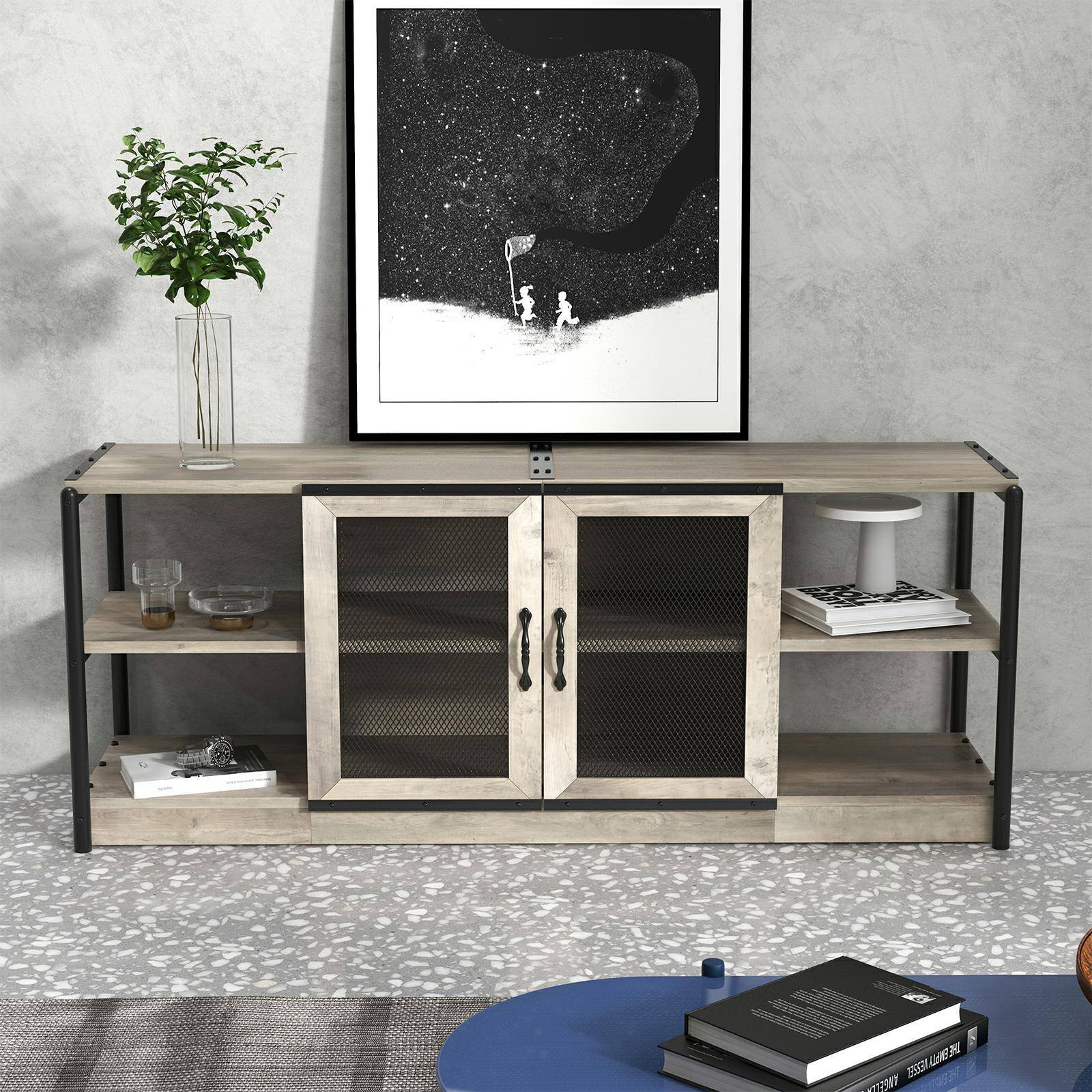Front. Acekool - 63" Farmhouse Style TV Console Table, TV Stand with Shelves, Grey - Grey.