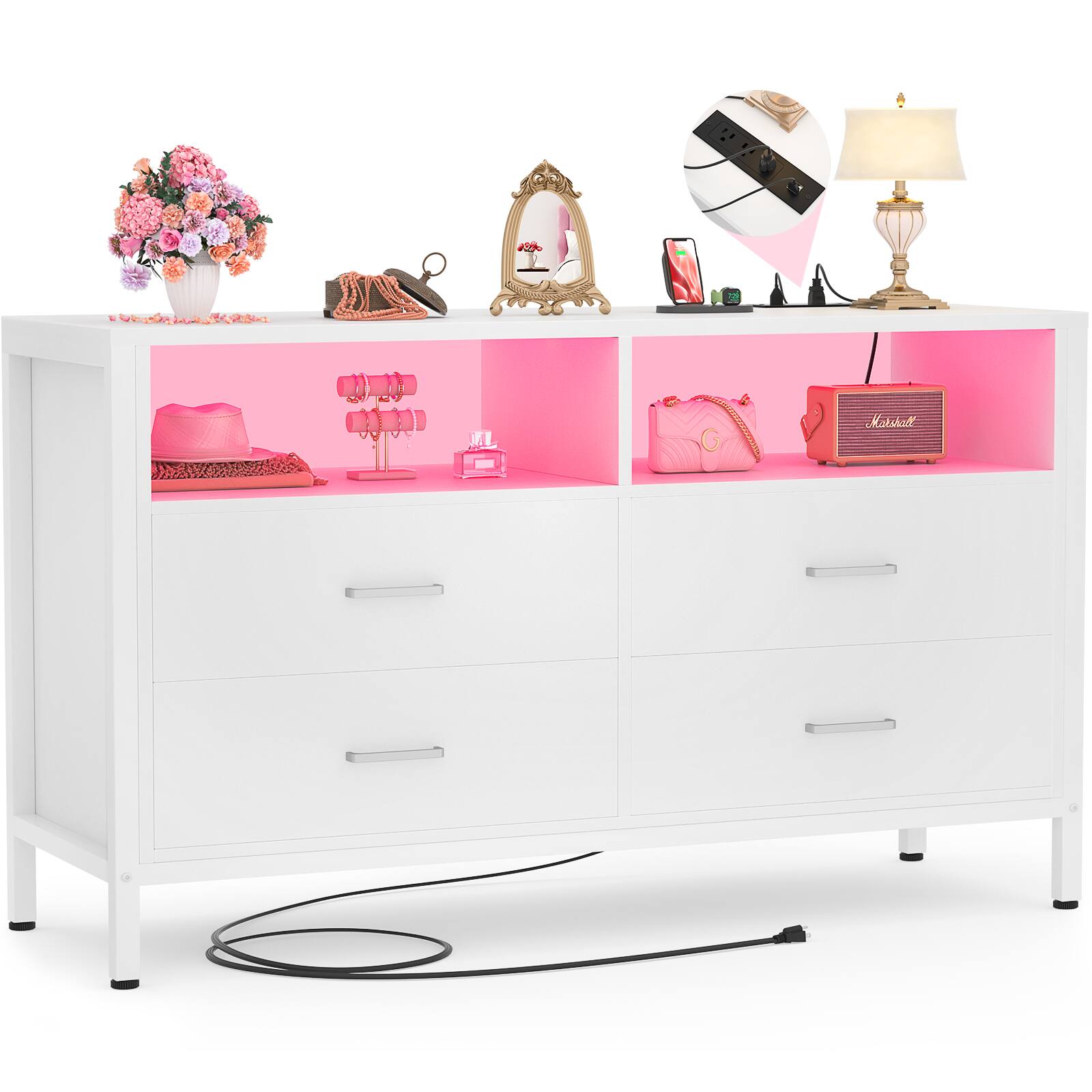 Alt View 3. Aheaplus - 4 Drawer Dresser with Power Outlet and LED Light, 43.3'' Wide Storage Cabinet with Open Shelves - White.