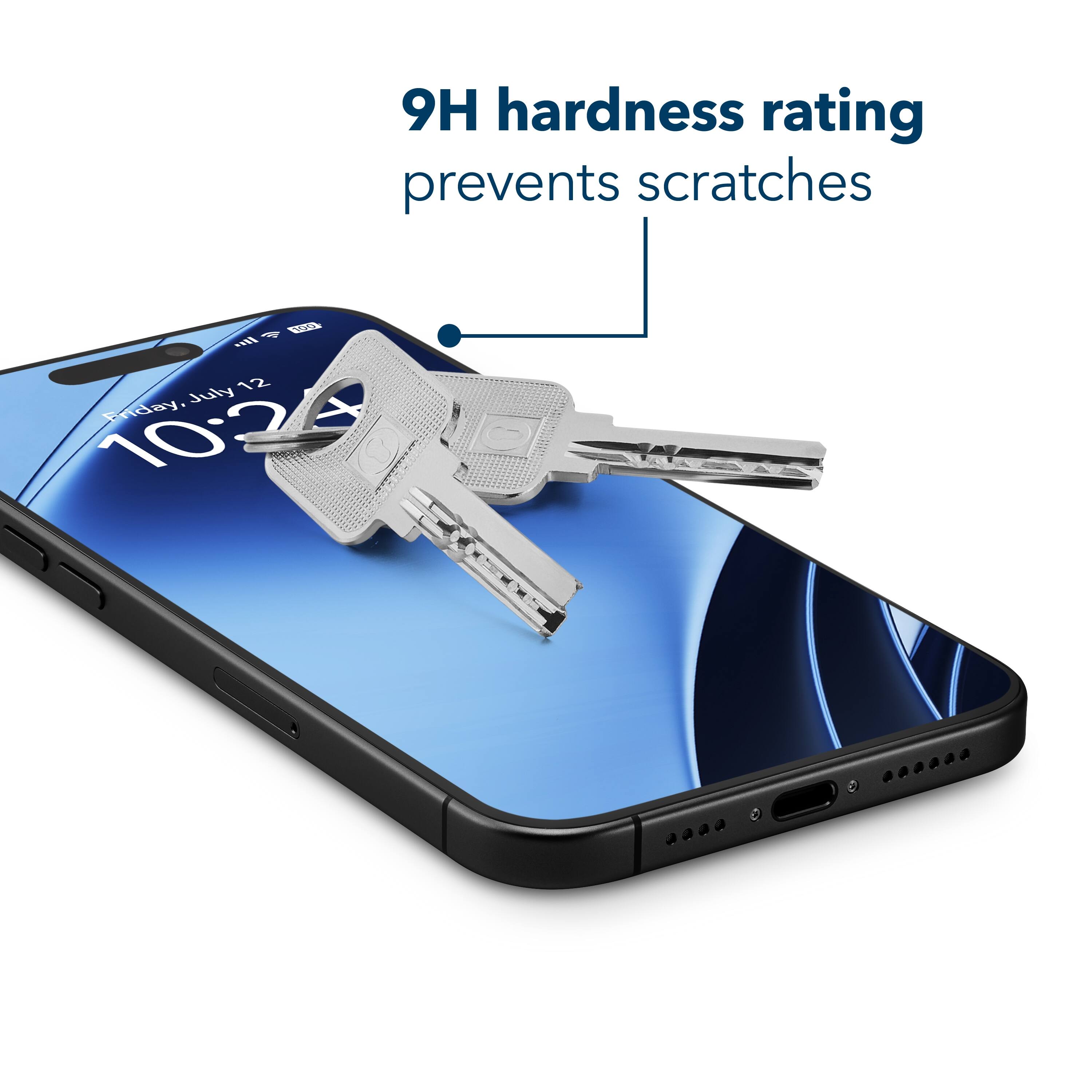 The text on the image reads: "9H hardness rating prevents scratches."