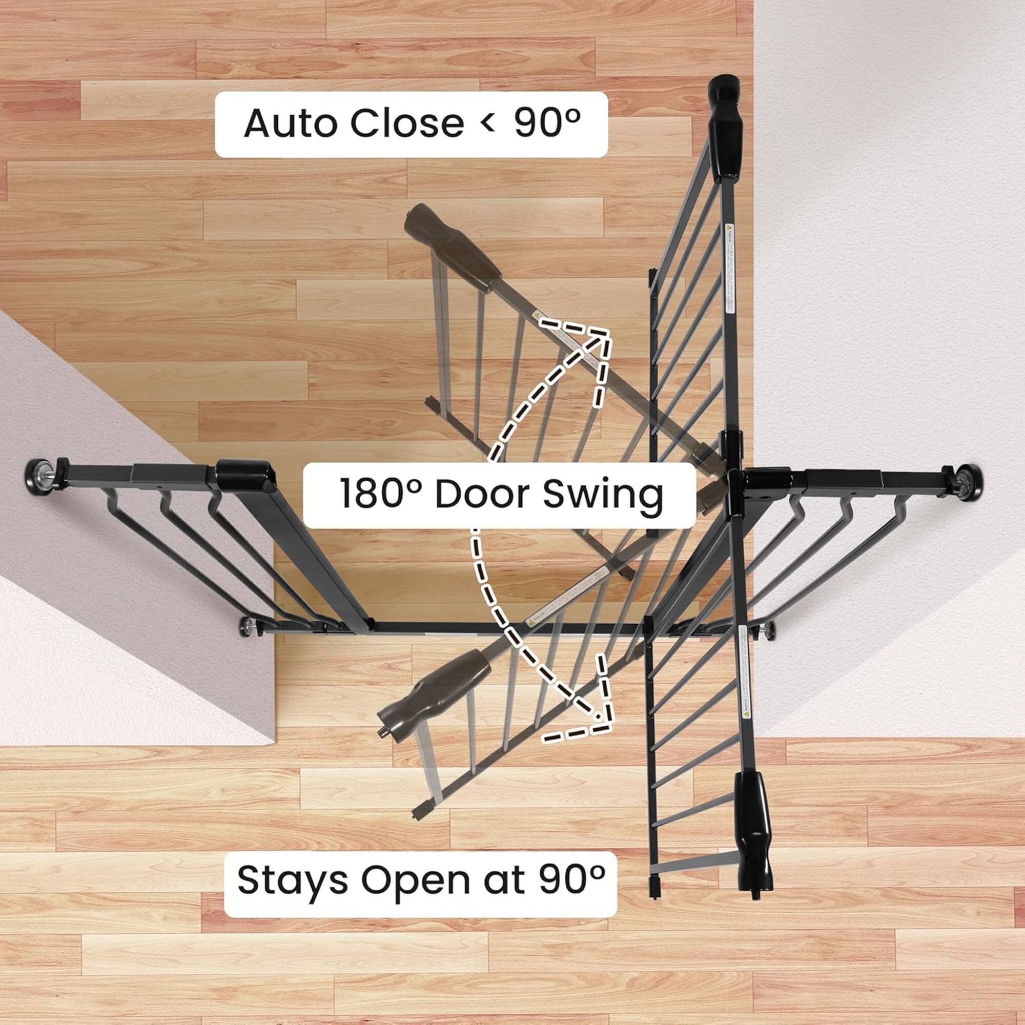 Auto Close < 90°  
180° Door Swing  
Stays Open at 90°