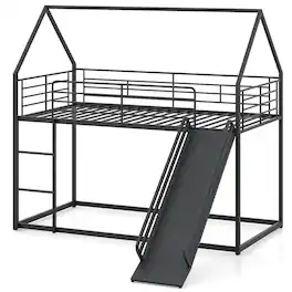 Costway - Twin Over Twin Low Bunk Bed House-shaped Metal Bunk Bed Frame with Safety Guardrail - Black