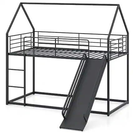 Front. Costway - Costway Twin Over Twin Low Bunk Bed House-shaped Metal Bunk Bed Frame with Safety Guardrail - Black.