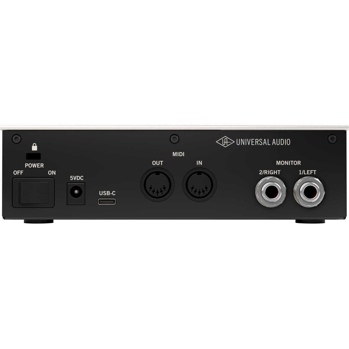 A UNIVERSAL AUDIO POWER OFF ON 5VDC OUT MIDI IN MONITOR 2/RIGHT 1/LEFT USB-C