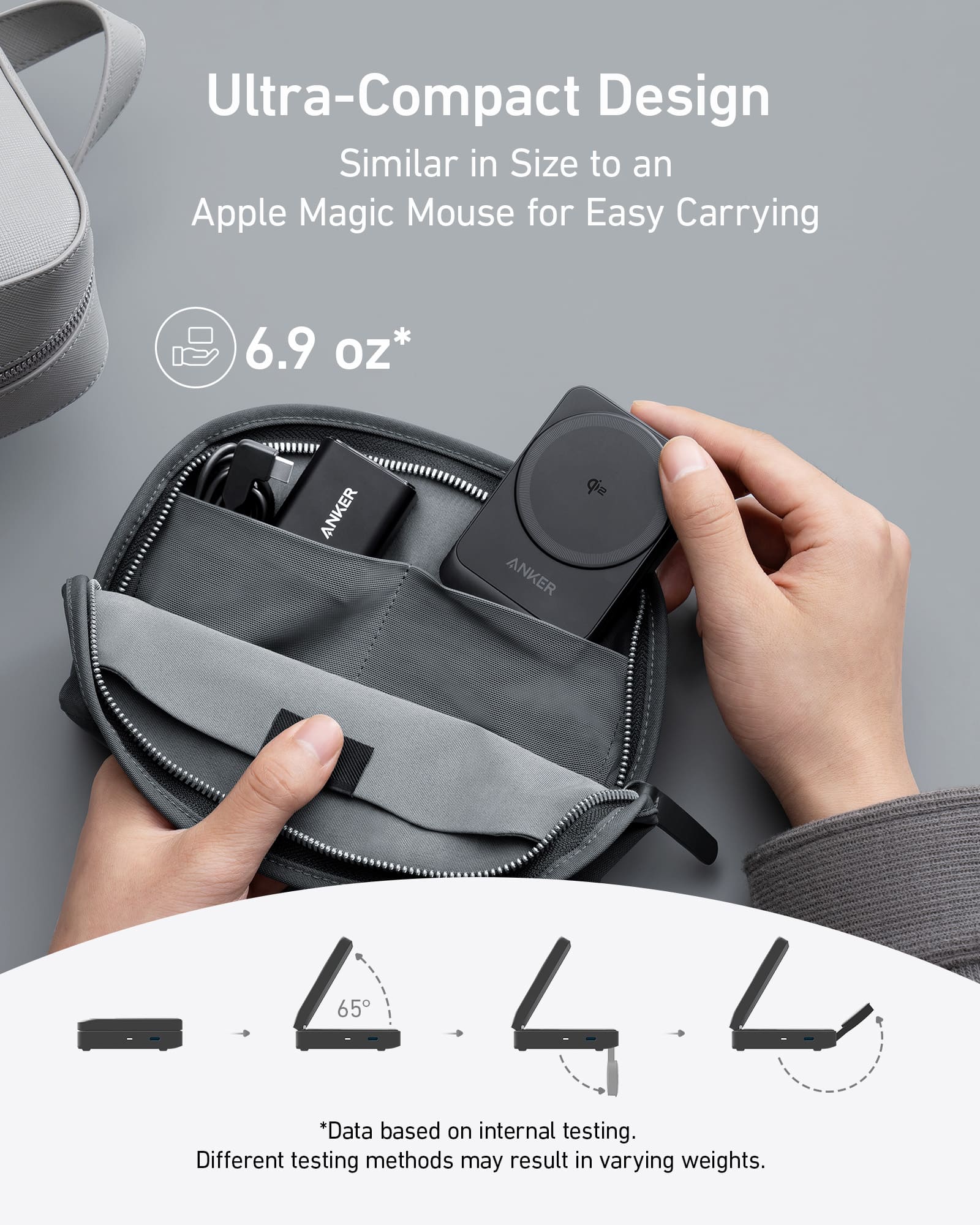 Ultra-Compact Design
Similar in Size to an Apple Magic Mouse for Easy Carrying
6.9 oz*
*Data based on internal testing. Different testing methods may result in varying weights.
