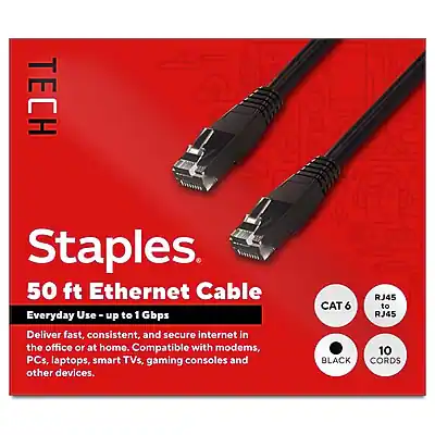 Device Tech Staples Staples TECH 50 ft. Cat 6 Ethernet Cable, Male to Male, 10/Pack Black ...