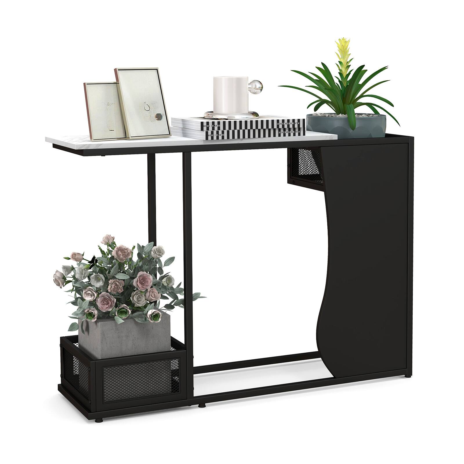 Front. Ecooso - 43.5 Inch Console Table with Faux Marble Top and Plant Display Shelf for Hallway - Black.