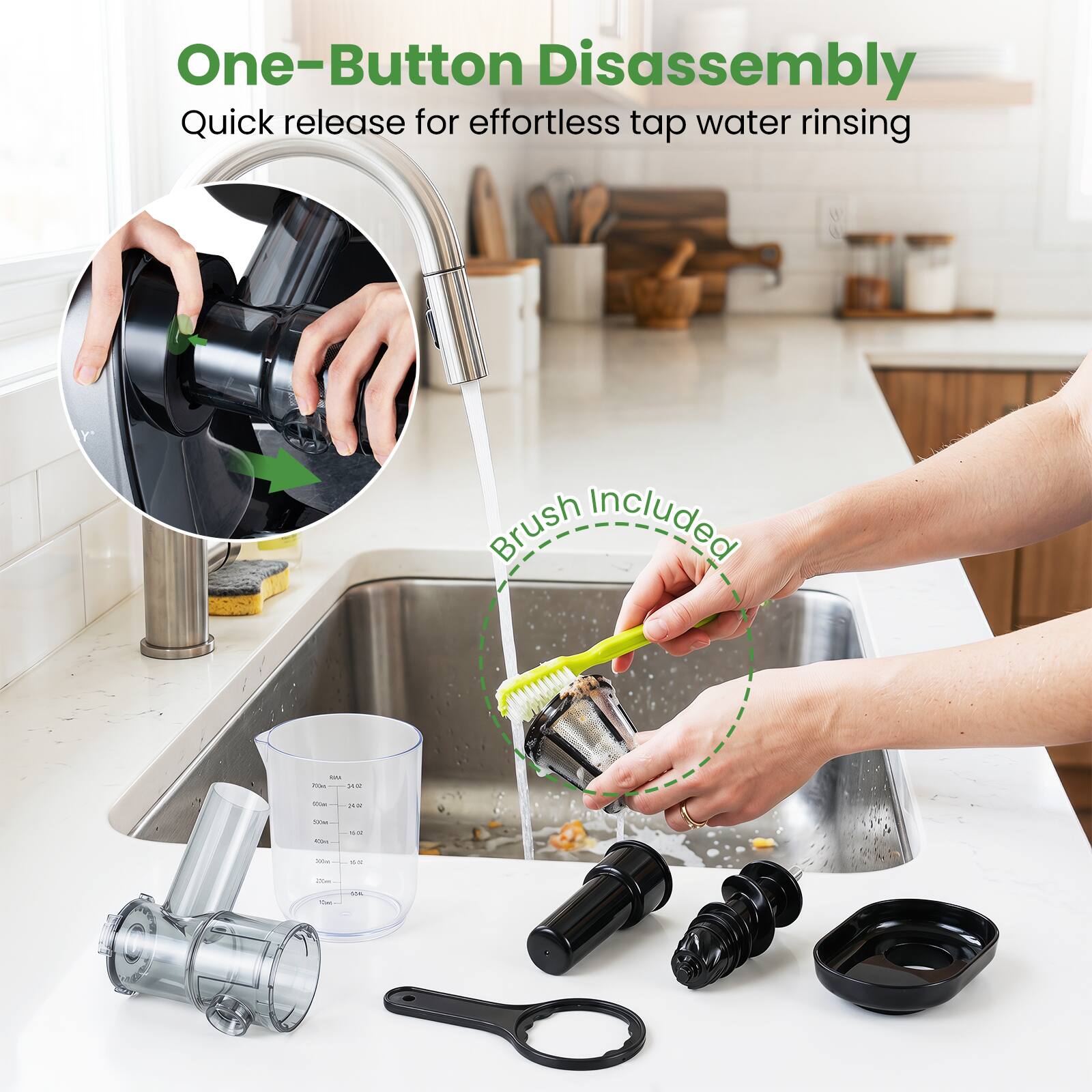 One-Button Disassembly  
Quick release for effortless tap water rinsing  
Brush Included