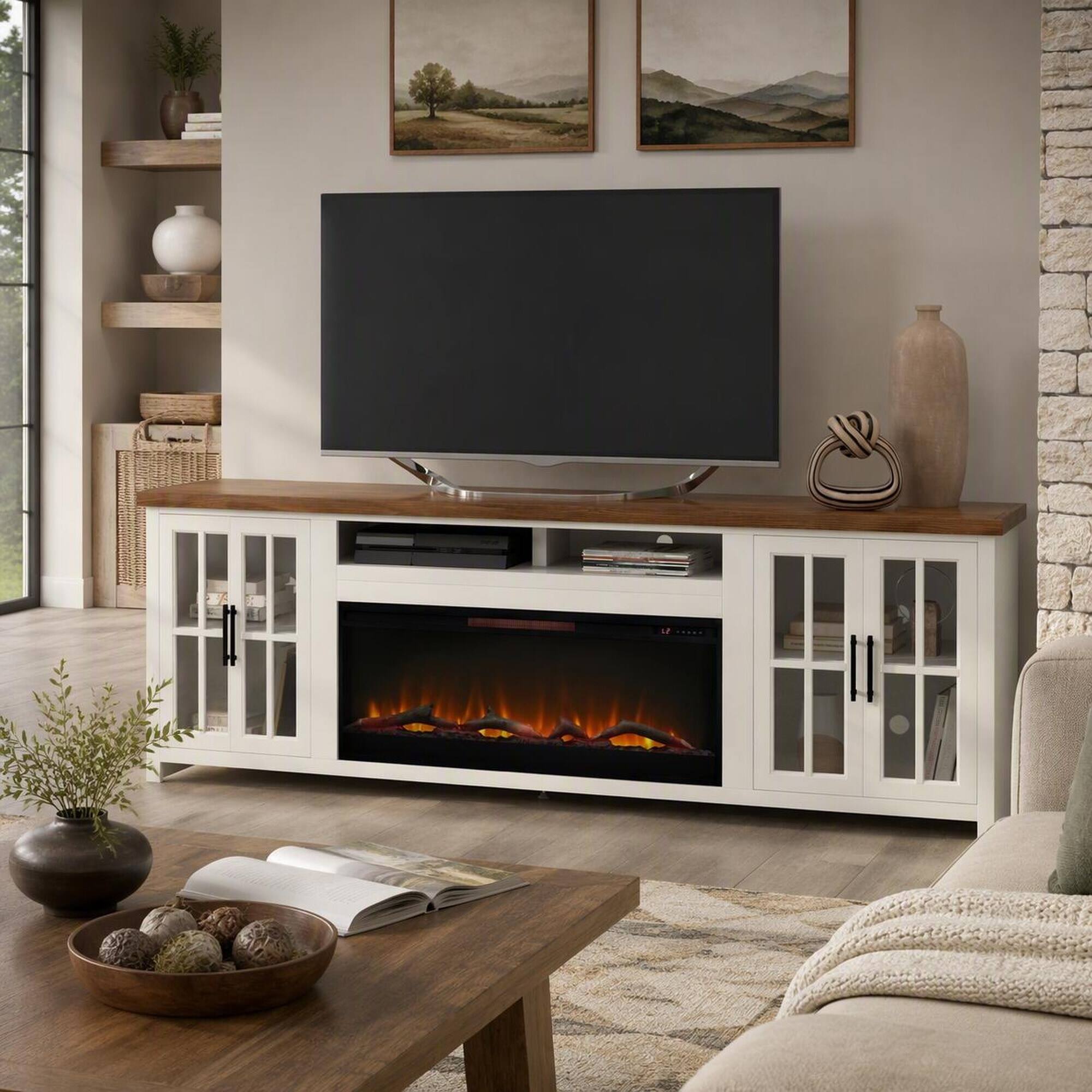 Back. RYHNUYNE - 97 Inch Farmhouse Fireplace TV Stand With 42 Inch Electric Fireplace, Wood Glass Media Console Fits 100 Inch TVs - White.