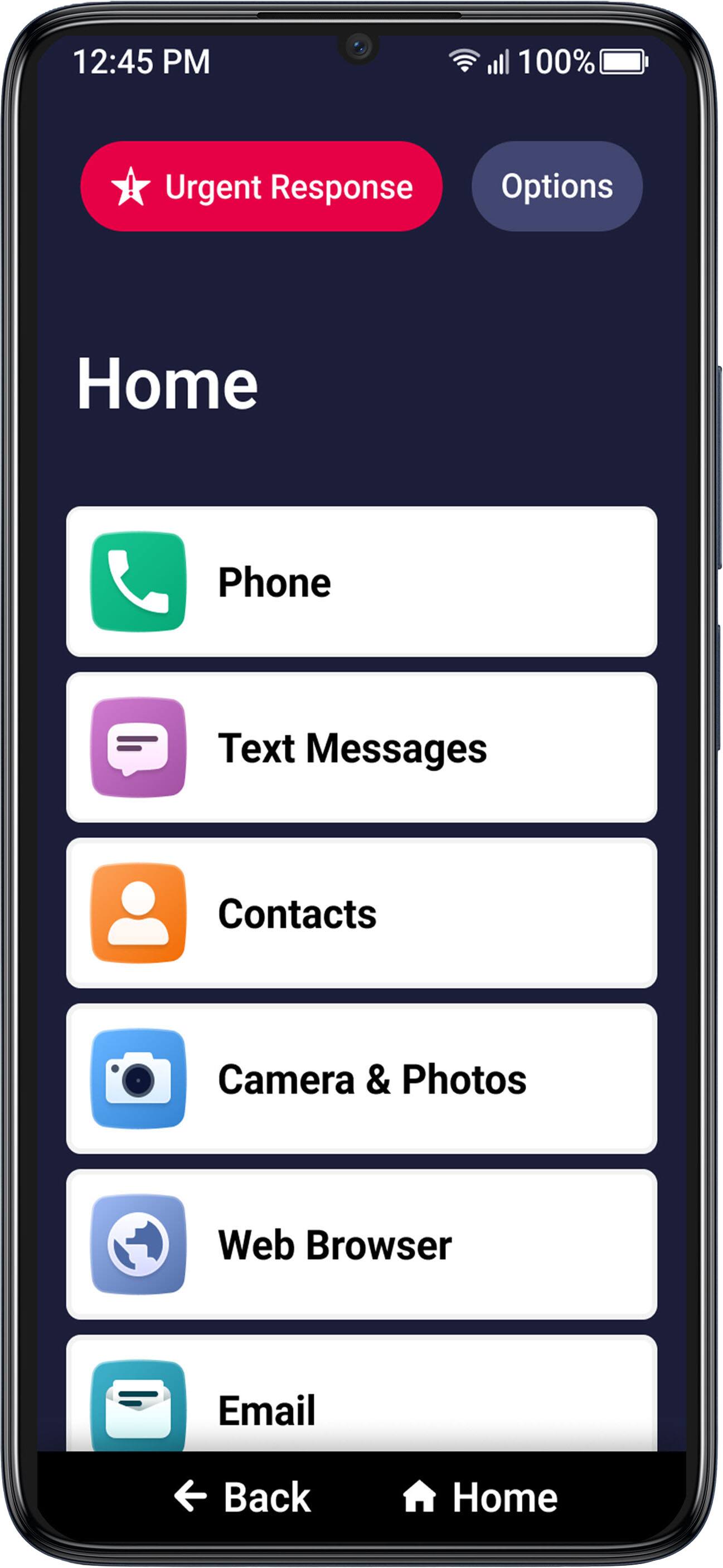 12:45 PM 100% ! Urgent Response Options Home Phone Text Messages Contacts Camera & Photos Web Browser Email Back Home