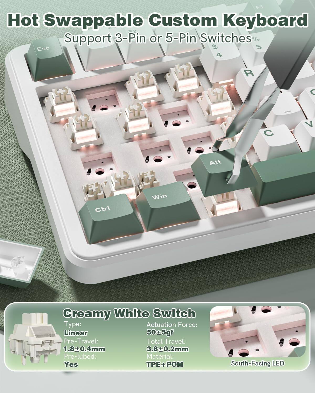 Hot Swappable Custom Keyboard  
Support 3-Pin or 5-Pin Switches  

Creamy White Switch  
Type: Linear  
Actuation Force: 50±5gf  
Pre-Travel: 1.8±0.4mm  
Total Travel: 3.8±0.2mm  
Pre-lubed: Yes  
Material: TPE + POM  
South-Facing LED