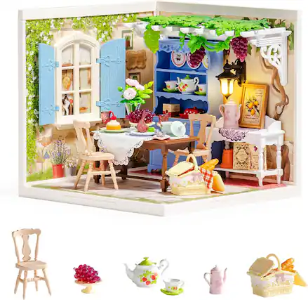 Front. Robotime - Rolife Midsummer Dream Yard Super Creator Kits, Miniature House Kit, DIY Plastic House Building Toy Set with LED - Brown.
