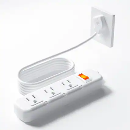 Front. Dazzed Corner - Flat Plug Power Strip Surge Protector 3 Outlets, Extension Cord 3 ft 3 Prong - White.