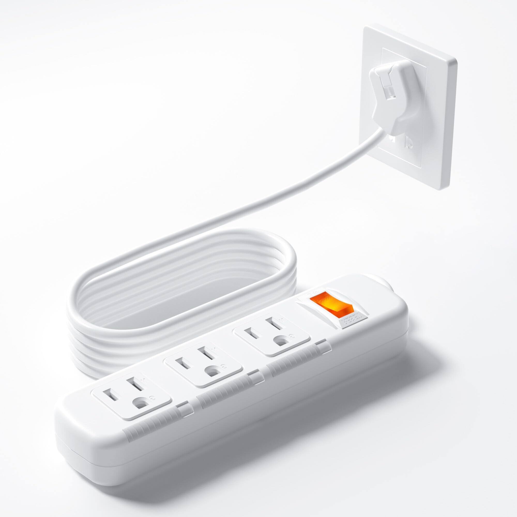 Front. Dazzed Corner - Flat Plug Power Strip Surge Protector 3 Outlets, Extension Cord 3 ft 3 Prong - White.