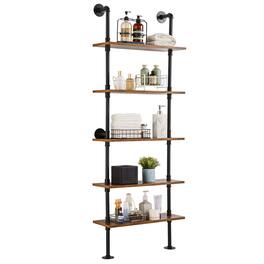 VEVOR - Industrial Pipe Shelf, 5 Tier 24x9.84in, Wall-Mount Floating Rustic Wood Shelves Bracket Display Bookshelf - black + vintage color